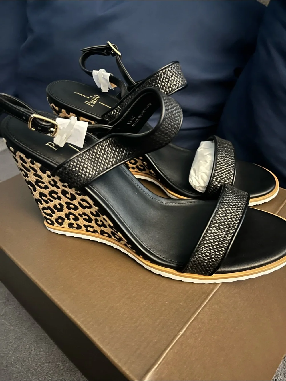 Linea Paolo Edith-L Black Woven Leopard Wedge Sandals Size 11